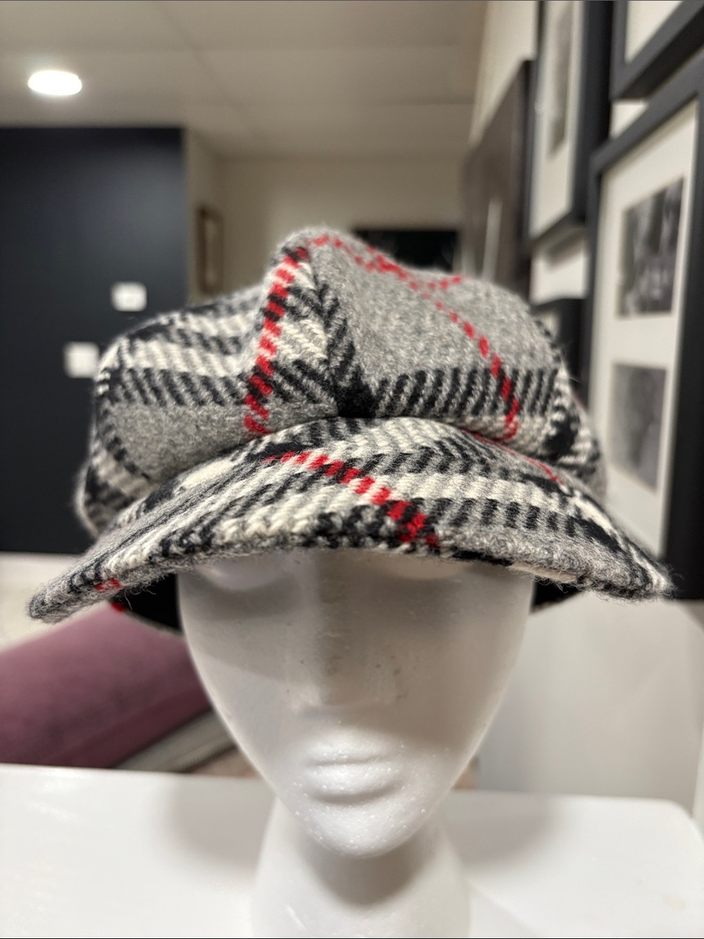 Burberry Wool Plaid Newsboy Cap - Gray with Red Accent SZ L